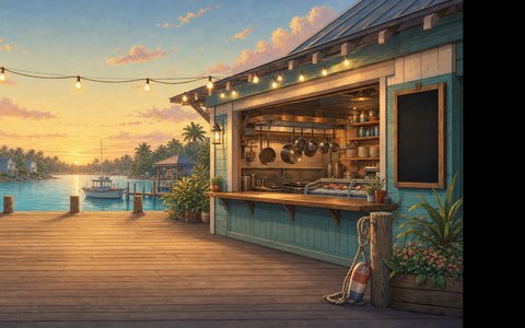 Restaurant-Terrasse am Hafen mit offener Küche